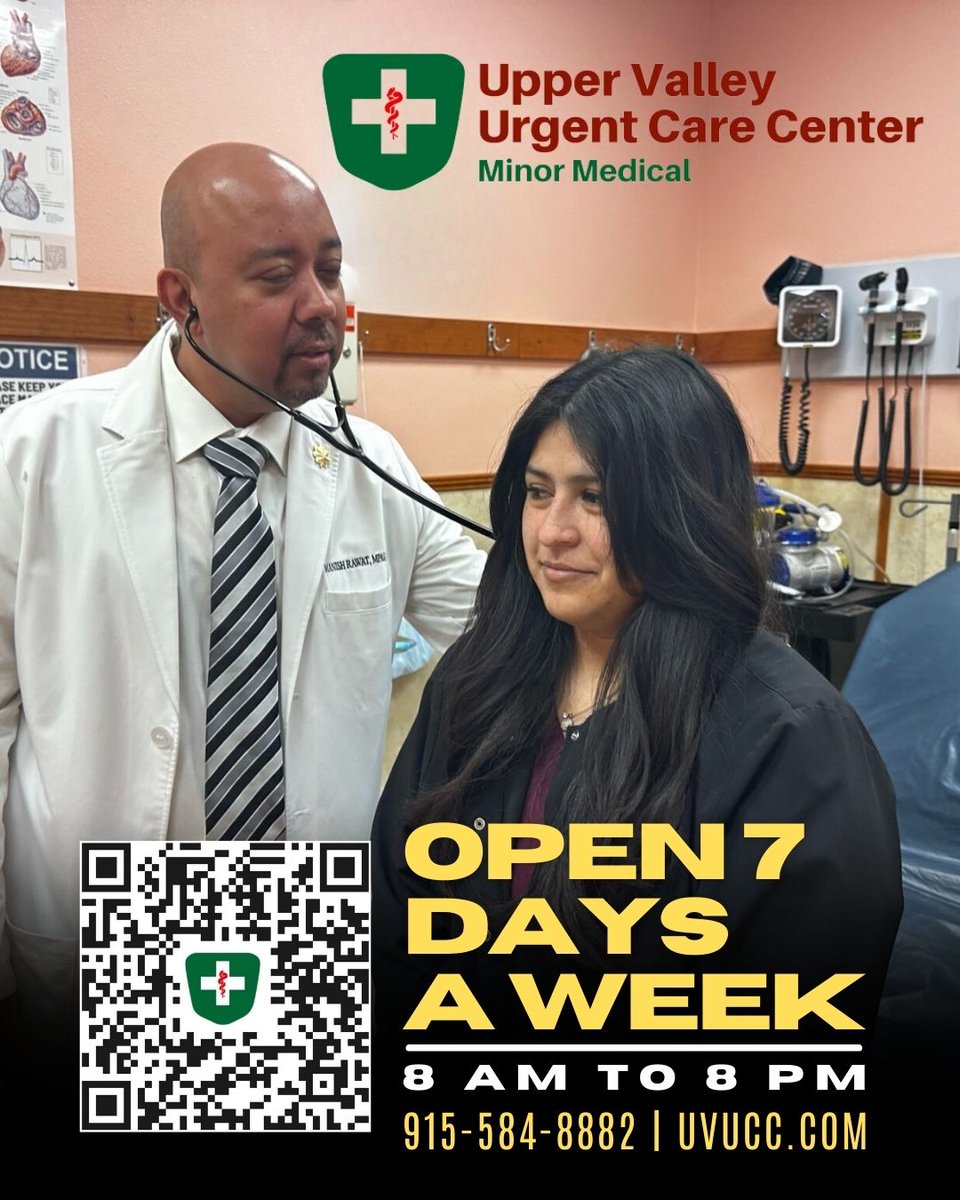 UVUCC121's tweet photo. We're here for you seven days a week, from 8 am to 8 pm (and some holidays too)! 😷

Upper Valley Urgent Care Center 121 E. Redd Rd., 📲 915-584-8882, https://t.co/EMUgrWWy37 

#eptx #healthcare #urgentcare #medical #doctor https://t.co/Pv8Z03vlcZ