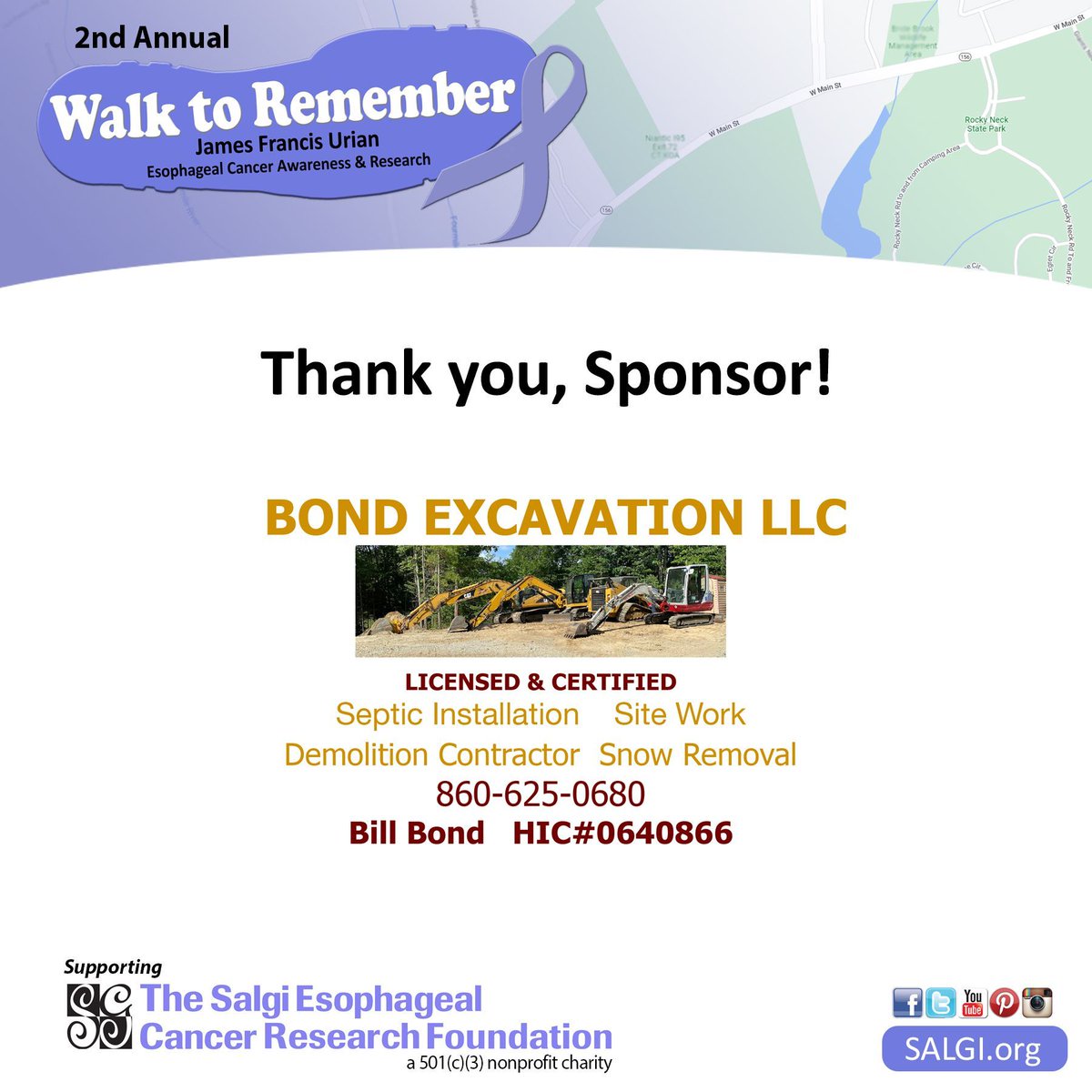 Join us in welcoming Gold Sponsor of the 2nd Annual Walk to Remember James Francis Urian: Bond Excavation, LLC. Sat, April 20, Rocky Neck State Park in Niantic, CT. Sign up! buff.ly/3J50Esb Like Bond Excavation on Facebook: buff.ly/3vFOFOx #EsophagealCancer