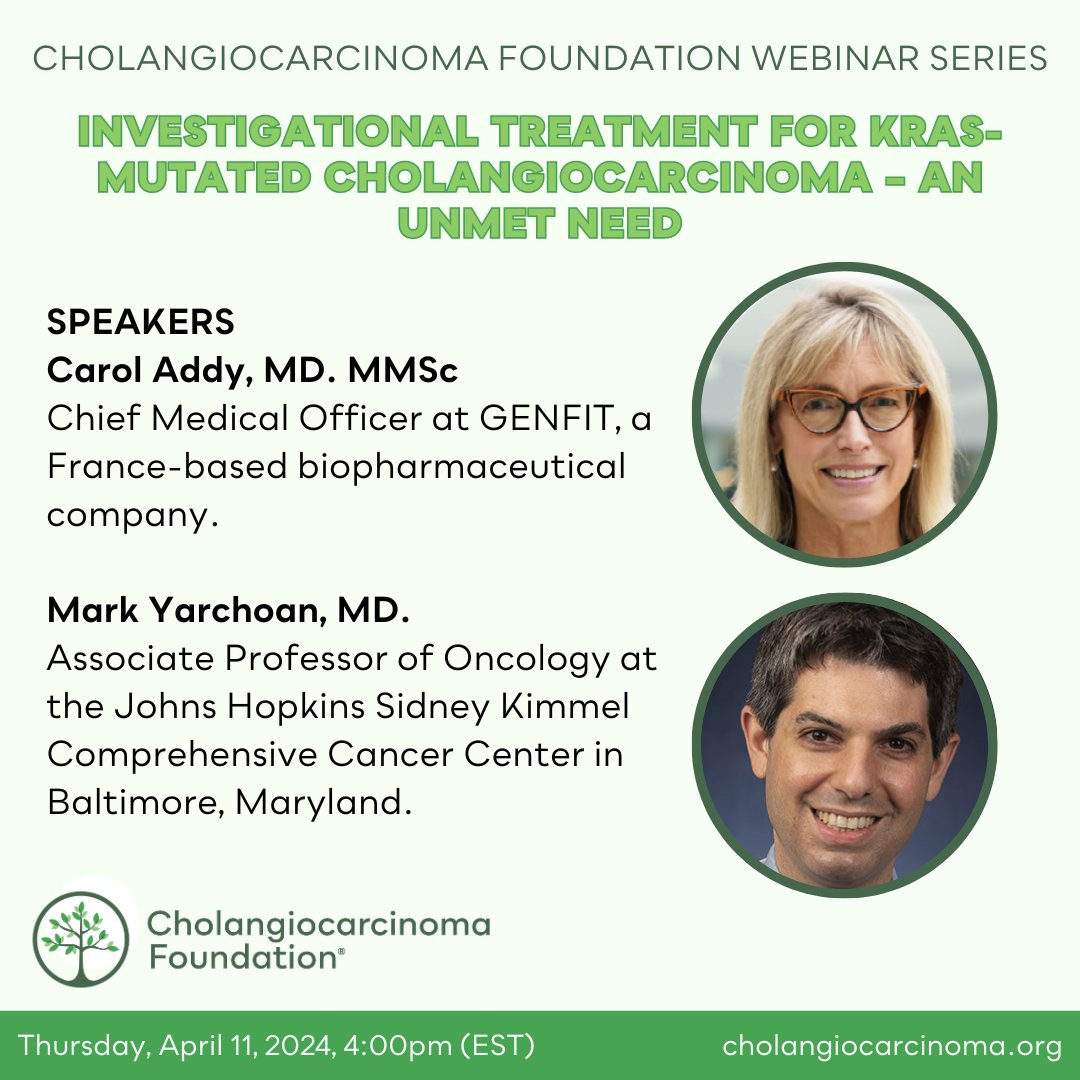 🗓️ Join our Webinar: 'Investigational Treatment for KRAS-Mutated CCA-An Unmet Need' on April 11th, @ 4:00pm ET. There are currently no approved therapies for patients with KRAS-mutated CCA. Learn about a Phase 1b/2a study and its potential treatment. curecca.link/april11th.