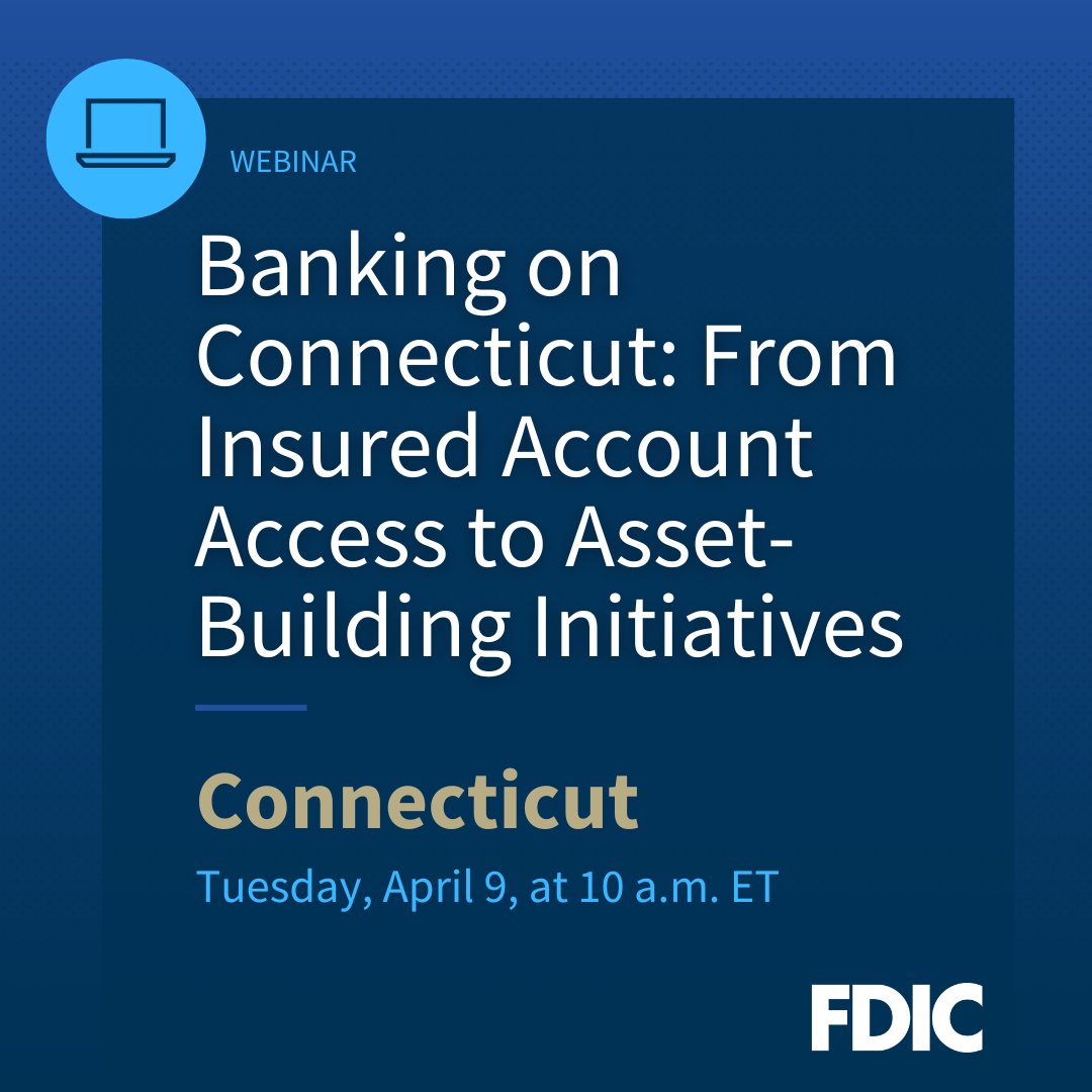 Calling all @UConnHuskies! We're hosting a webinar on the benefits of banking relationships - like how having a bank account can help consumers build a financial future. Join us tomorrow to learn how you can help more Connecticuters #GetBanked! fdic.gov/resources/cons…