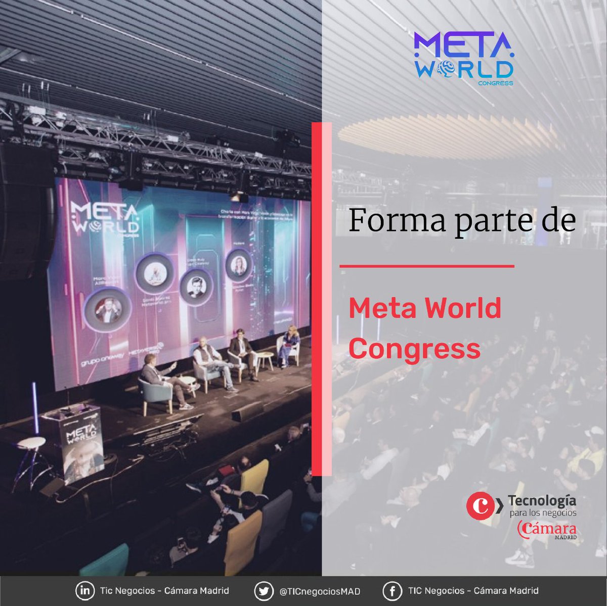 Explora el futuro tecnológico en Madrid en el #MetaWorldCongress los días 10 y 11 abril. Únete al evento líder en innovación y gracias a @TICnegociosMAD consigue una de las últimas entradas dobles disponibles. Síguenos y enviarnos un MD. Inscríbete: metaworldcongress.es