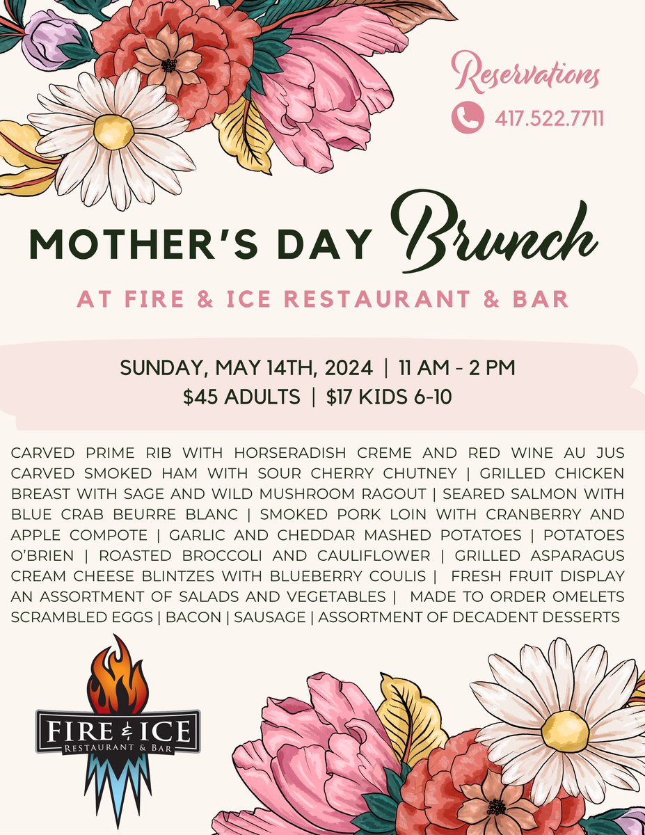 It’s time to make your plans for Mother’s Day, and what better way to treat Mom than a lovely brunch with the people she loves! 

Join us Sunday, May 14th from 11am-2pm for an elegant Mother’s Day Brunch buffet.  Call 417-522-7711 to reserve your table!