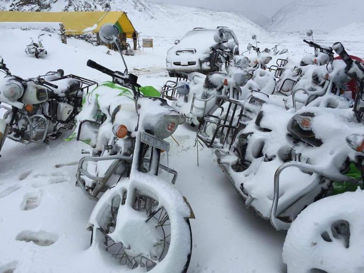 RideTheHimalaya's tweet photo. In the middle of nowhere, the extreme remote Himalayas always expect the unexpected. Kunzum la in Spiti valley @ 15500 feet. There are times when it's hard to believe that you actually did something like this insane ride to a place like this. All our weather forecast went wrong and who would believe it that it was actually a sunny day and then this happened.

For those who have not been there and did not witness the magnificence of the Himalayas and it's unreal looking adventures might find it hard to believe. However you gotta be there to see it and to feel it.

#AdventureAwaits #motorcycletouring #ridethehimalayas