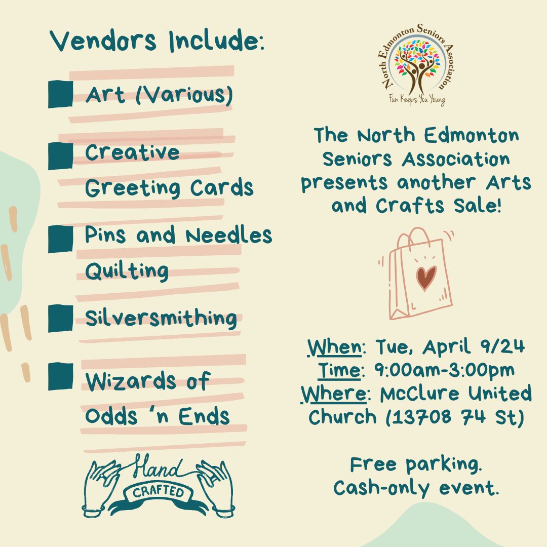 Join us tomorrow (April 9) for another amazing Arts and Craft sale, featuring some of NESA's most talented Artisan and Handcraft Extraordinaires! We are hosting a one-day lobby sale at the McClure United Church from 9am-3pm and would love for you to join us! #NESAyeg