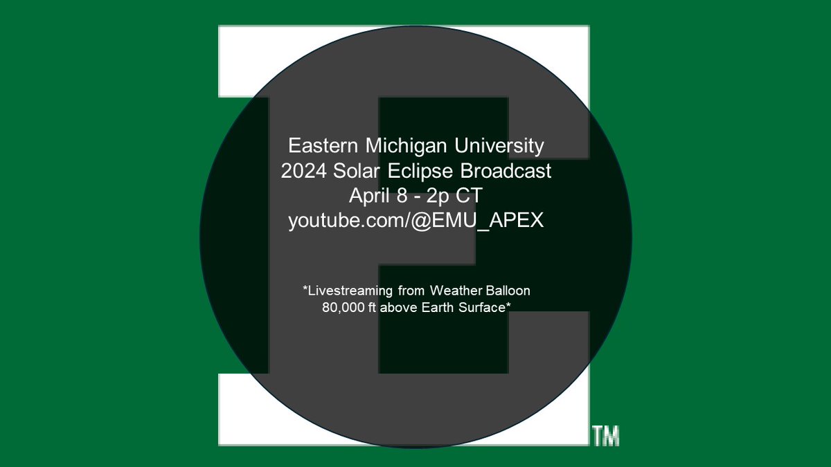 Eastern Michigan University is live streaming the 2024 Solar Eclipse from a Weather Balloon 80,000 feet about Earth.

Broadcast at 2p CT on EMU APEx.
youtube.com/@EMU_APEX

EMU is among 70 other institutions selected to participate in this project sponsored by NASA.

#Truemu