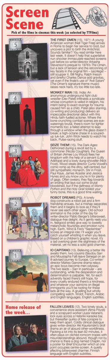 TTFilmz's tweet photo. “It’s a beautiful day, the cinemas are open and people are having a wonderful time.”
TTFilmz for @Observerseries &amp; @HantsIndie - Pick of the films in cinemas + home release of the week.
#SeizeThem
#TheFirstOmen
#RobotDreams
#MonkeyMan
#IoCapitano
#FallenLeaves https://t.co/IxlDLlRkYb