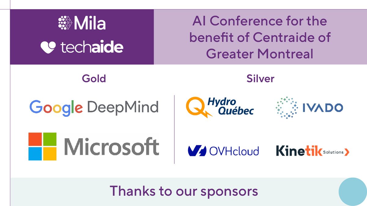 Many thanks to our generous sponsors whose support makes this year's Mila Techaide AI Conference possible: @Microsoft @GoogleDeepMind @hydroquebec @OVHcloud_CA Kinetik Solutions and @IVADO_Qc! The event is this Friday. Secure your spot – Register now: mila.quebec/en/mila-techai…