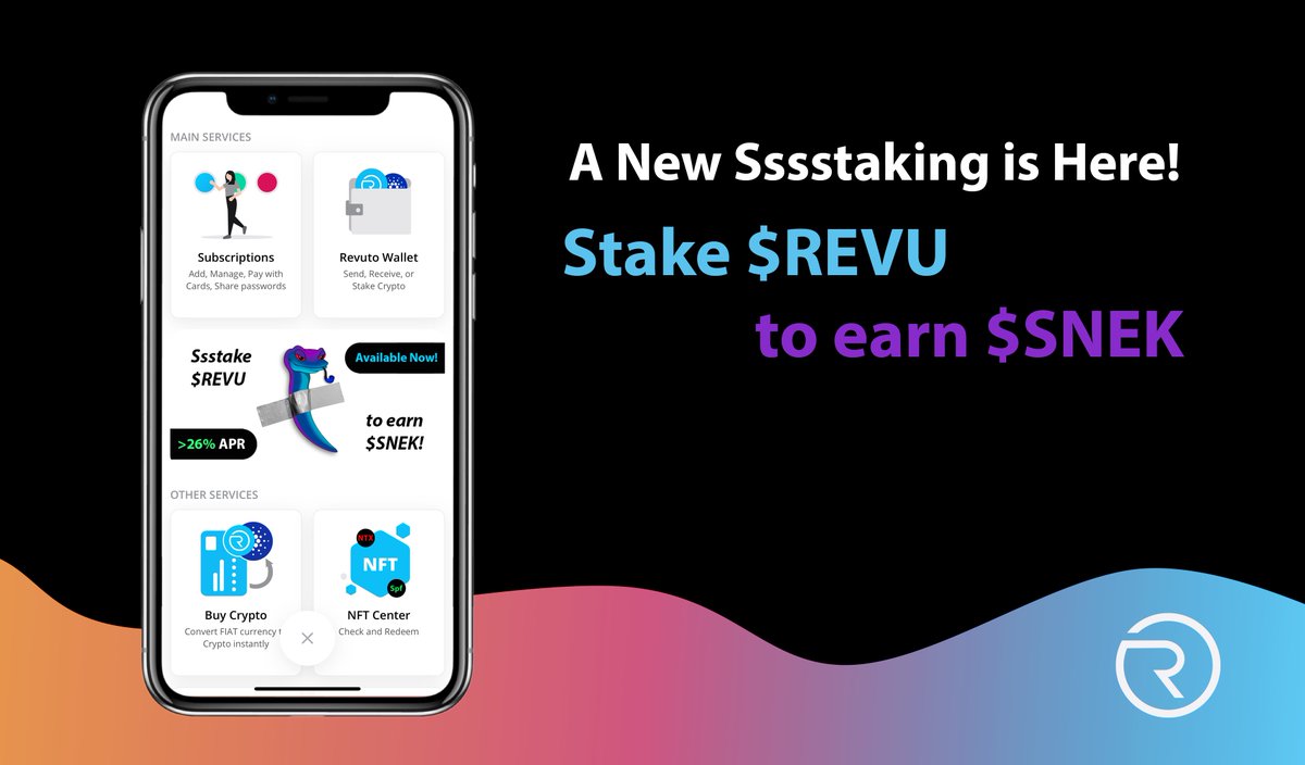 get_revuto's tweet photo. 🔥🔥🔥 As promised, the #Revuto #Staking Center is getting back to its roots. Today, we proudly announce that the " stake $REVU to earn $SNEK " staking pool is live! Get your Revuto app NOW and secure your rewords because 8 million SNEK tokens are for grabs from the amazing @snekcoinada project on #Cardano. You can read more about the opportunity via our medium blog post https://t.co/Nnnt5UQcxx 🔥🔥🔥