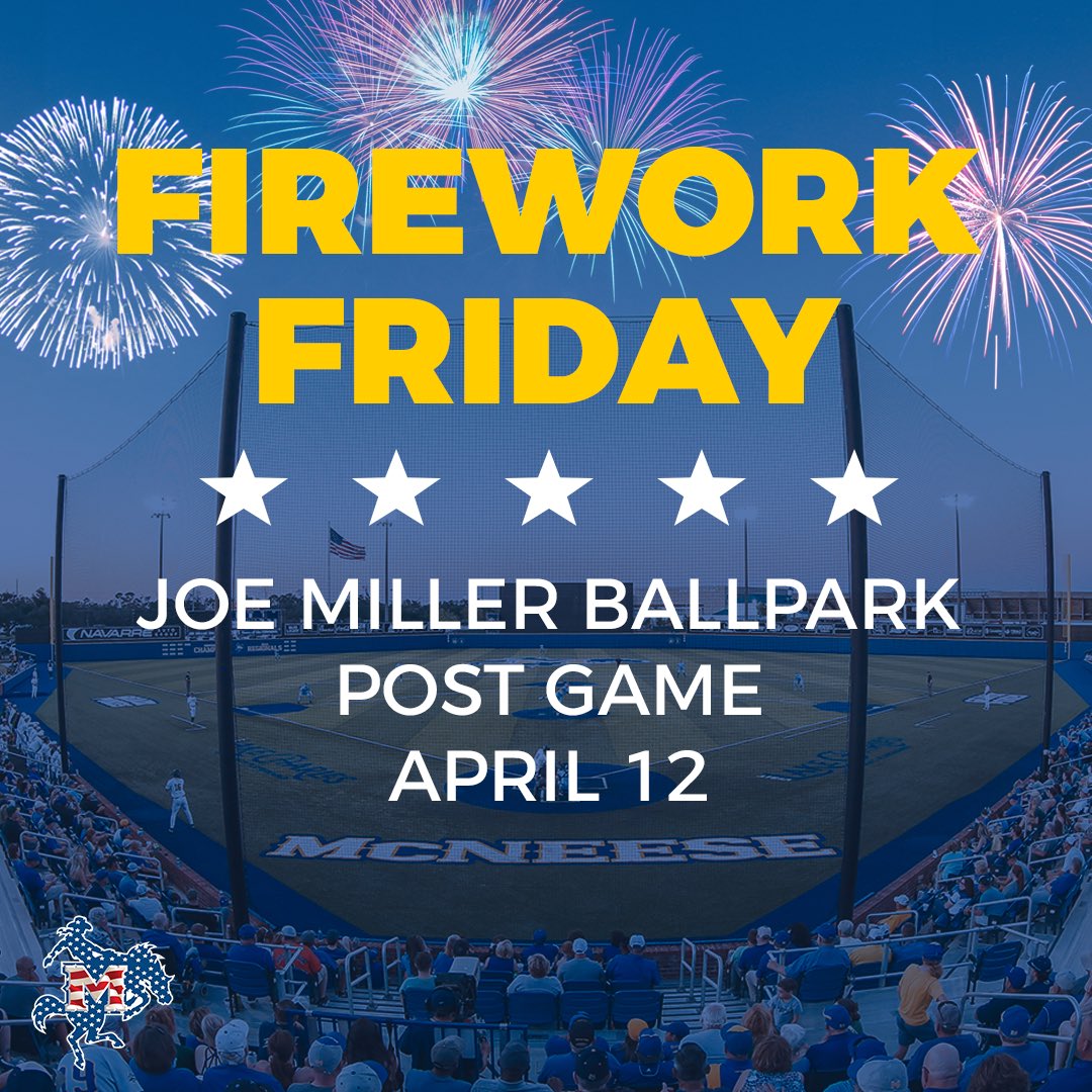 Join us for postgame fireworks this Friday at Joe Miller Ballpark to kickoff our Military Weekend. You don’t want to miss it! 🎟️ bit.ly/3VQTZcK #GeauxPokes | #FERDA