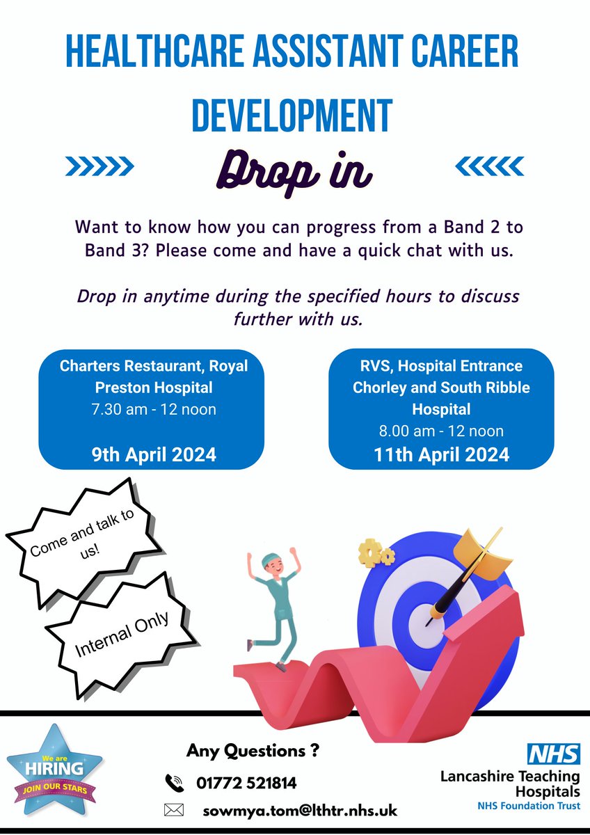 Tomorrow at Royal Preston Hospital! Thursday 11th April at Chorley and South Ribble District Hospital. Want to know how you can progress from a Band 2 to Band 3? Please come and have a quick chat with us. Drop in at the times below! See you there! 👍