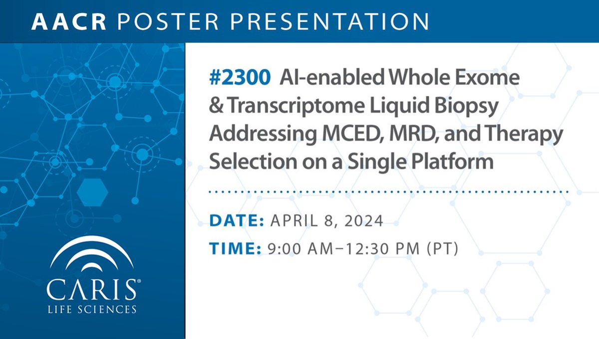 Caris Assure couples WES/WTS on white blood cells and plasma with machine learning to provide early cancer diagnosis, minimal residual disease (MRD), and therapy selection on one platform. Catch the presentation during #AACR24. ow.ly/5Vax50Rav05