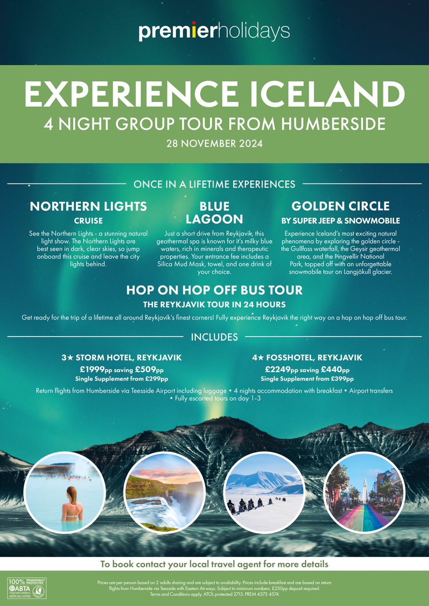 Iceland this November from @Humberside with Premier Holidays! To book: ☎️01652 682000 📩sales@humbersideairporttravel.co.uk 🚗pop in to Humberside Airport Travel at the airport!