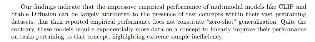 ChombaBupe's tweet photo. It turns out the data bottleneck problem is more dire than initially thought:

AI model performance - which can be largely attributed to the presence of test concepts within their vast pretraining datasets - increases linearly with exponentially more data.

RIP: Scaling laws https://t.co/AXJzWxDxFJ