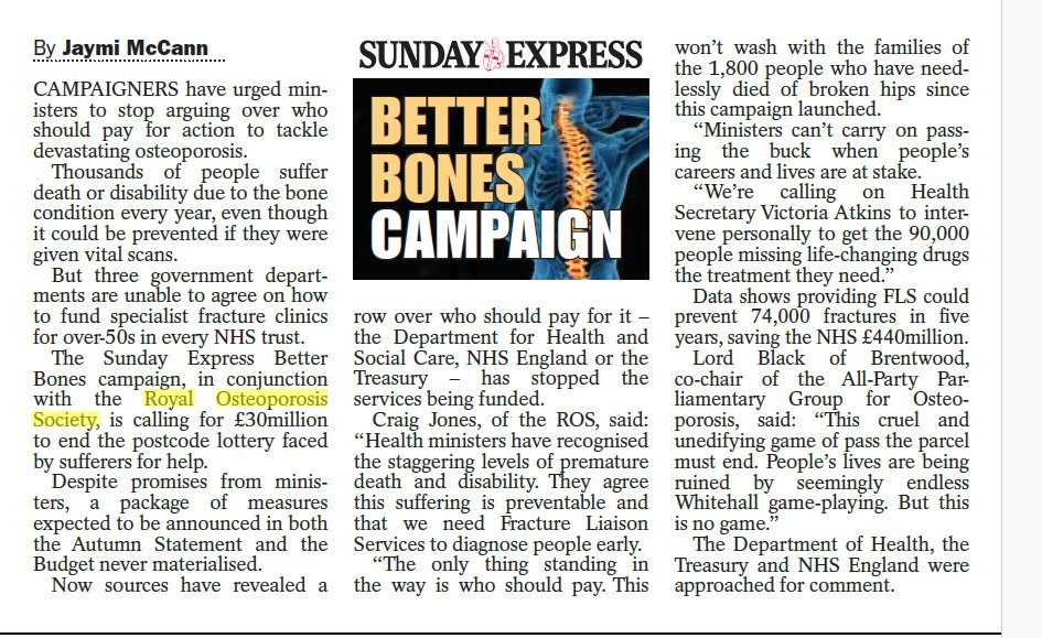 A row over who should pay for action on Fracture Liaison Services means that funding for these vital services has been prevented, as reported in this week’s @Daily_Express #BetterBonesCampaign. Read more about our campaign here: theros.org.uk/how-you-can-he…