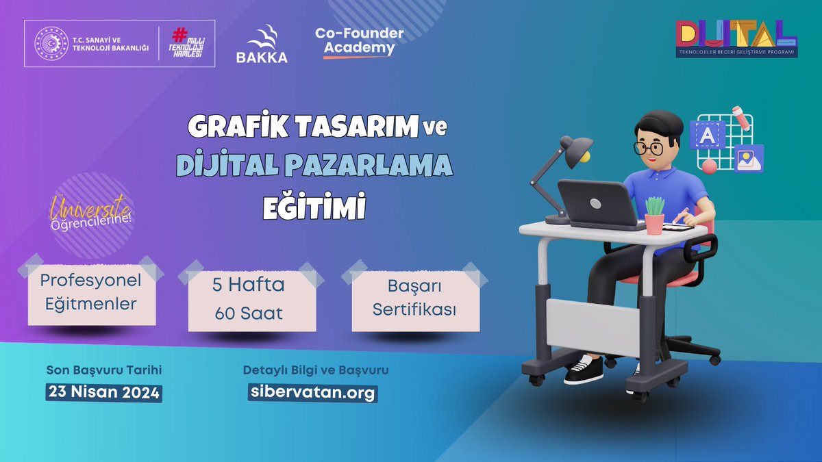 Dijital Teknolojiler Beceri Geliştirme Programı kapsamında üniversite öğrencilerine yönelik olarak Zonguldak’ta yüzyüze gerçekleştirilecek ‘Grafik Tasarımı ve Dijital Pazarlama Eğitimi’ başvuruları başladı! 🗓️ 26 Nisan 2024 👉sibervatan.org/basvurular @TCSanayi @KalkinmaAjansGM