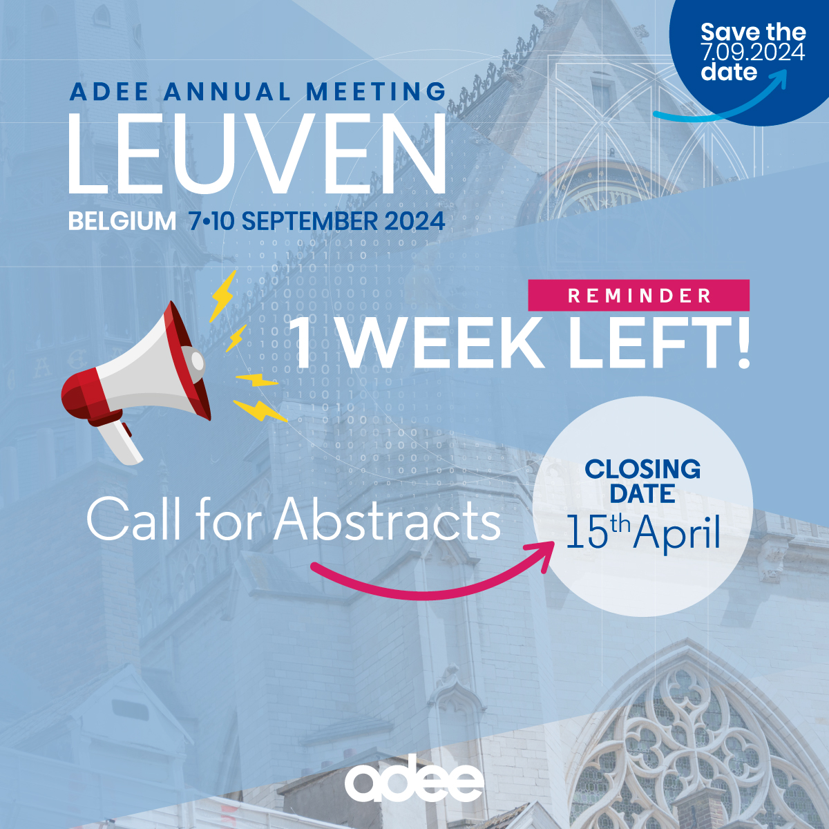 📢 Time's ticking! Just ONE week left to submit your abstracts for ADEE 2024 Leuven! Seize the opportunity and send in your abstracts by April 15th through our online portal. Don't miss out! adee.org/meetings/leuve… #Adee #Leuven2024 #AdeeAnnualMeeting #callforabstracts