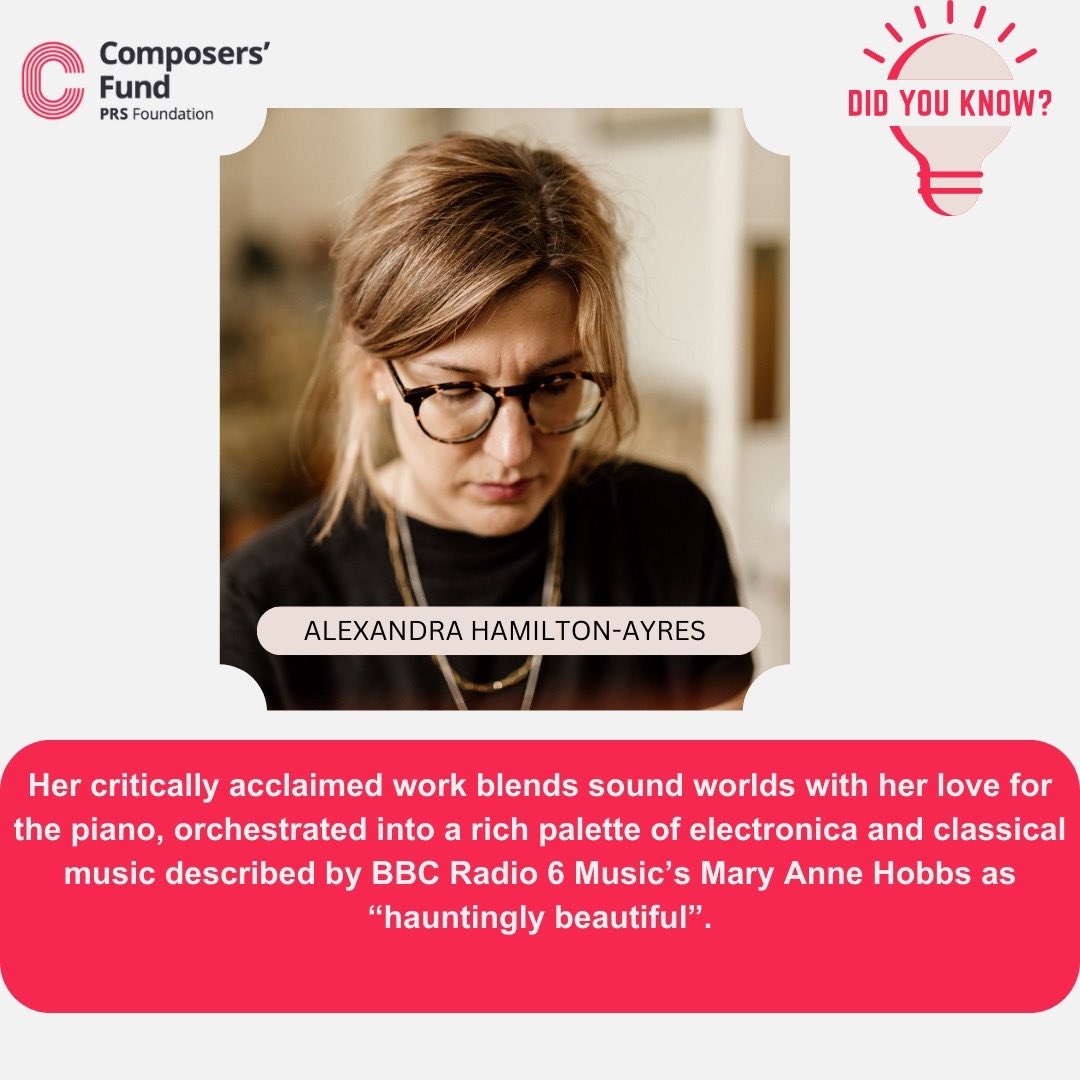 Alexandra Hamilton-Ayre’s is a previous #Composersfund grantee whose work blends piano, orchestrated into electronica & classical music.
We welcome applications from women & gender expansive writers & producers for the fund 💥

Deadline: 9th April, 6pm BST
prsfoundation.com/funding-suppor…