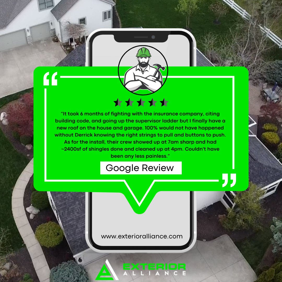 ExteriorAliance's tweet photo. check out our latest Google review for a firsthand account of a seamless insurance and roof repair experience! With Exterior Alliance, you're not just getting a new roof – you're getting a team that fights for you every step of the way.

Ready for an effortless roofing upgrade? https://t.co/mqVmIpaZ0p