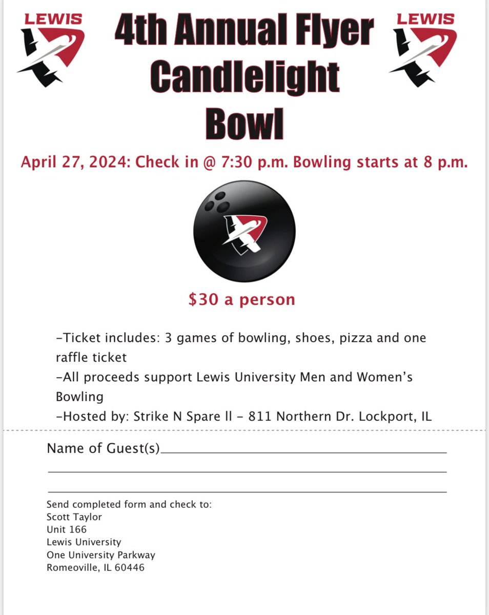 The Lewis bowling program is having a Candlelight bowl April 27 at Strike N Spare. Use the link below to sign up! docs.google.com/forms/d/e/1FAI…