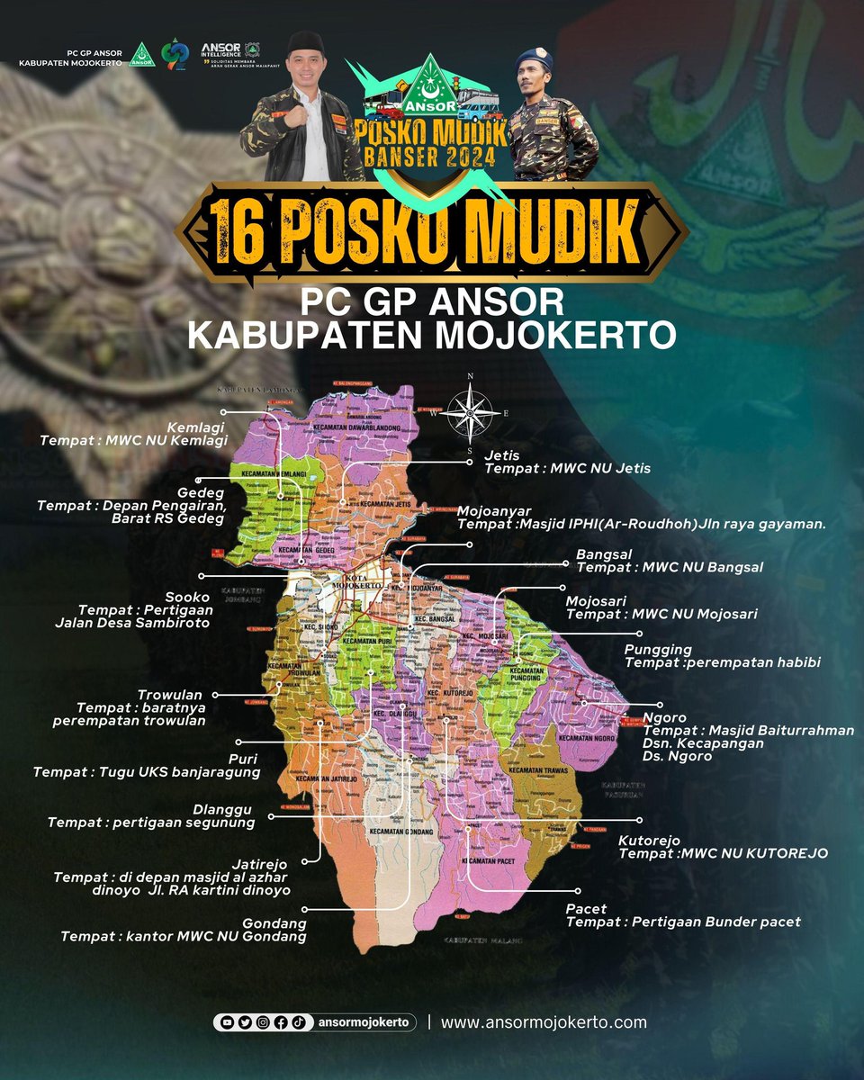 16 titik Posko Mudik Banser 2024 Pimpinan Cabang Gerakan Pemuda Ansor Kabupaten Mojokerto #PoskoMudikBanser2024 #PoskoMudikBanserJatim