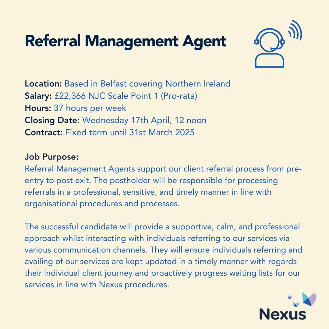 ⏰Less than 1 week left to apply!⏰ Join our team as a Referral Management Agent to support our clients from our very first contact with them, right through to when they complete their journey with us. Find out more & apply by 12 noon Weds 17th April👉 nexusni.org/referral-manag…