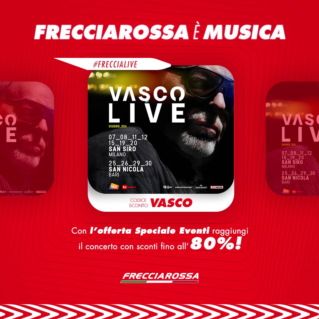 Frecciarossa_IT's tweet photo. Vasco ti aspetta in concerto! 🤩 Raggiungi i live di @vascorossi con l’offerta #SpecialeEventi: usa il codice VASCO per viaggiare con sconti fino all’80%. 🚄👉 https://t.co/TmRhjzg2ws @LiveNationIT #FrecciaLive #Vasco https://t.co/2rKuTBmgAb