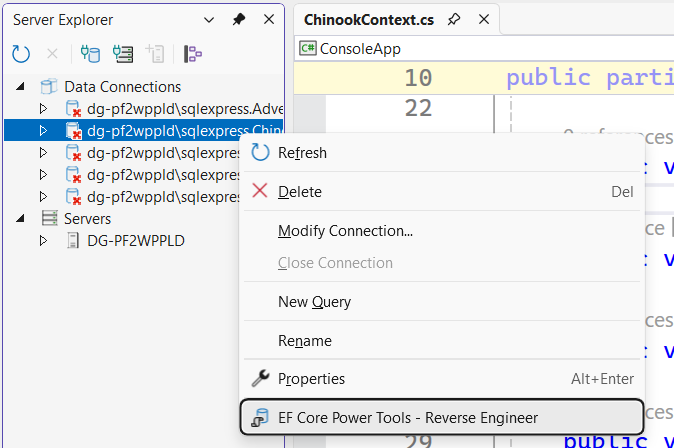 Launch Entity Framework Core Power Tools directly from Server Explorer in Visual Studio! 

Try it out for yourself, get the latest daily build here:
github.com/ErikEJ/EFCoreP…
#efcore #dotnet #visualstudio #azuresql #sqlserver