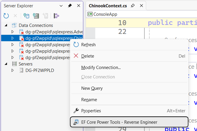 ErikEJ's tweet photo. Launch Entity Framework Core Power Tools directly from Server Explorer in Visual Studio! 

Try it out for yourself, get the latest daily build here:
https://t.co/2iibHkzGoN
#efcore #dotnet #visualstudio #azuresql #sqlserver https://t.co/lh4LzaEbxD