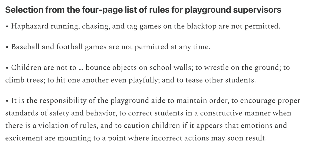 Let's end Maximum Security Recess! Forward this post by Peter Gray to the head of your child's school (unless the school already has a lot of regular free-play recess) petergray.substack.com/p/37-how-schoo…