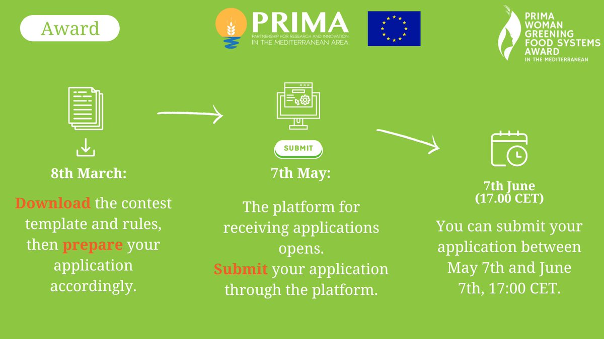 🏆 Are you a woman making waves in #Food #Systems across the #Mediterranean? 🌱Download the contest template and rules today to prepare your application for the Award. 📅Mark your calendars: from May 7th to June 7th, you can submit your application bit.ly/3IuuUMG
