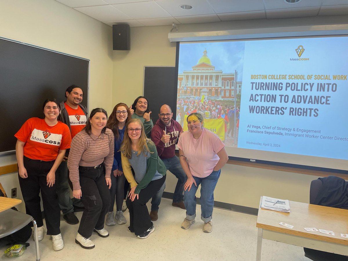 Last week, Al Vega and Francisca Sepulveda stopped by the @BCSSW to give a 1-hour presentation on understanding minimum wage, livable wage and turning policy into action to advance workers' health and safety rights. Thank you so much, BC, for hosting us!