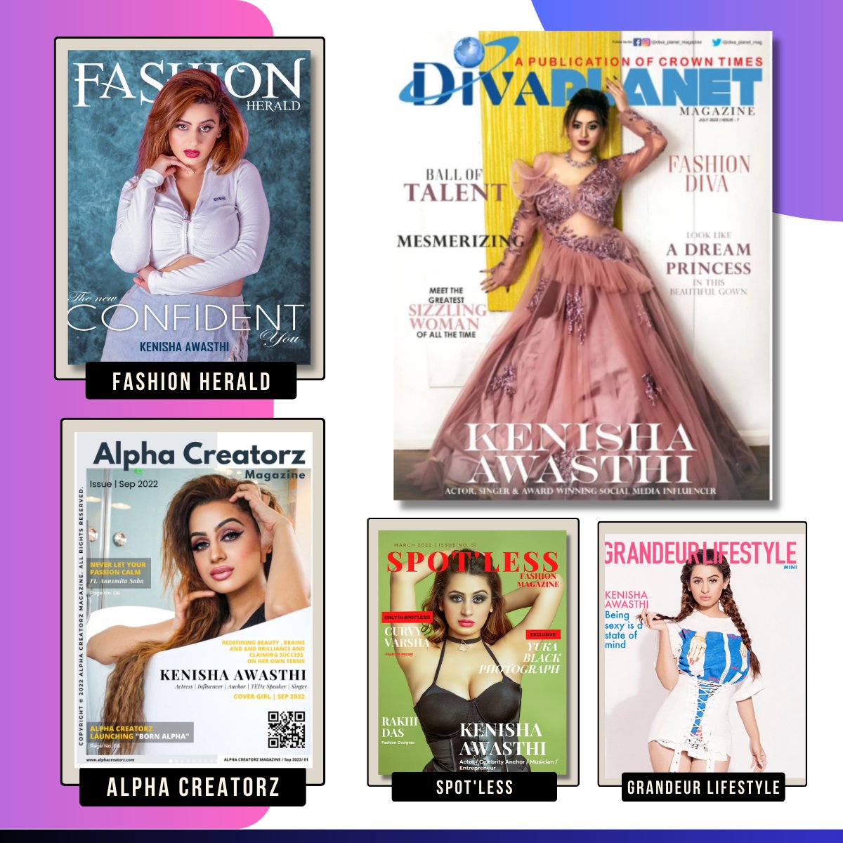 Thrilled to share that my work has been acknowledged by prestigious magazines like 'Alpha Creatorz,' 'Diva Planet,' 'Perfect Women,' This recognition fuels my passion to continue creating meaningful content in the entertainment industry. Thanks for the support! #Kenisha