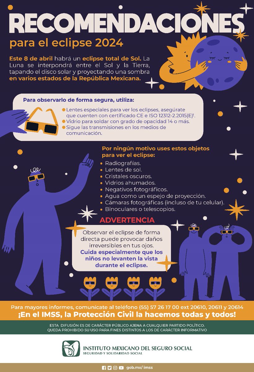 ¡Hoy es el eclipse total de sol! 🌚🌞

En el #IMSSQuerétaro te dejamos una serie de recomendaciones para que puedas observarlo de forma segura