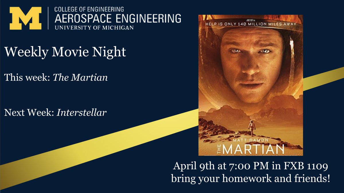 Weekly movie night in FXB! This week, we're screening The Martian in FXB 1109. Bring your homework and friends for a night of fun hosted by BSA, WAA, and SGT, featuring graphics by Ashton Tucker. Date: Tuesday, April 9 Time: 7:00 p.m. See you there!