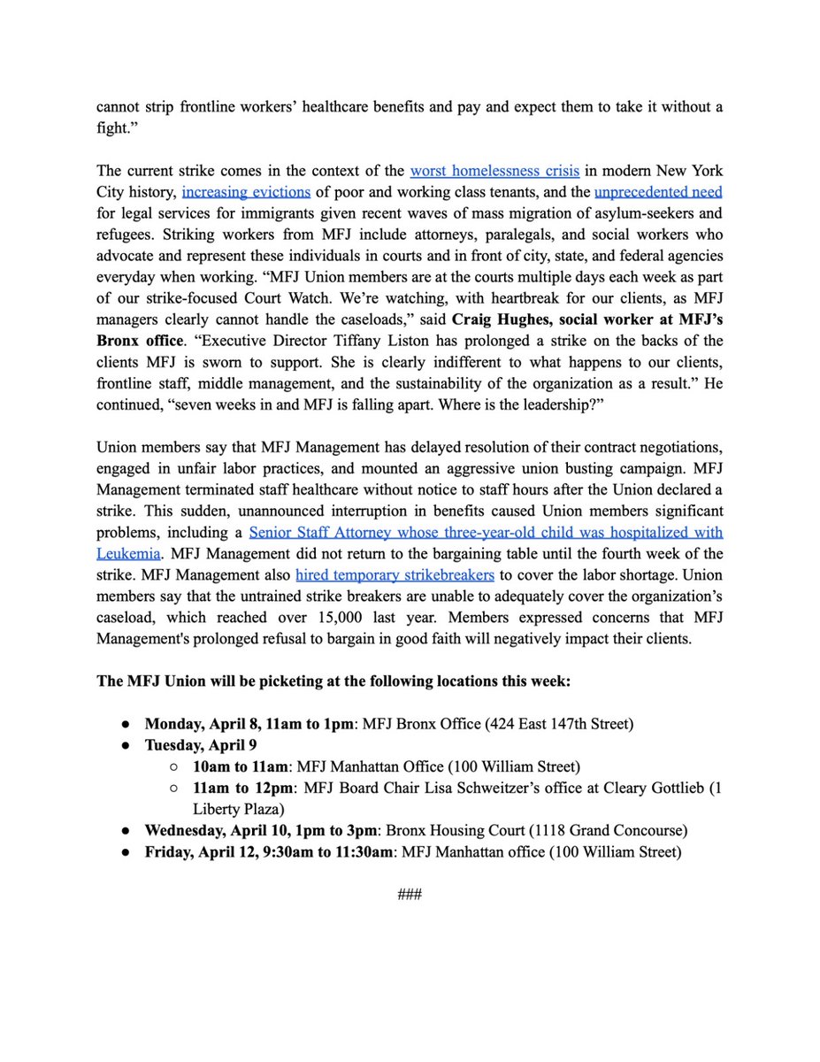 📣📣MFJ Union Week 7 Press Release! Unionized NYC Legal Workers Hold Longest Strike In Over Two Decades. @MFJLegal Management Makes No Significant Movement on Contract Offer While Frontline Workers Enter Seventh Week of Strike During Historic Homelessness Crisis. 🧵