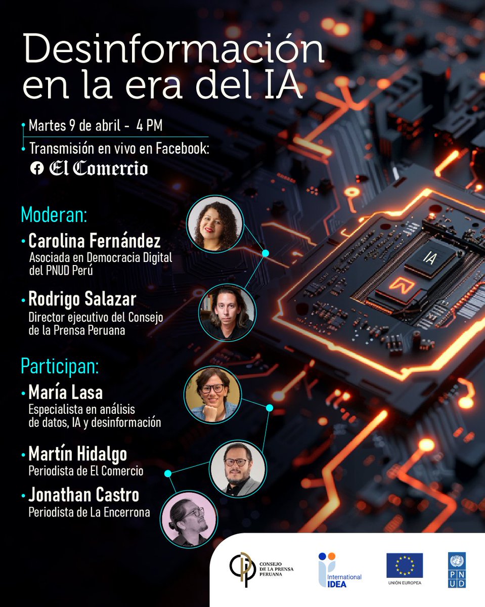 Te invitamos al webinar: 
“Desinformación en la era de la IA", sobre el debate político y los retos de la cobertura periodística electoral.

9 de abril a las 4 pm vía Facebook Live de <a href="/elcomercio_peru/">El Comercio</a>, <a href="/larepublica_pe/">La República</a>, <a href="/RPPNoticias/">RPP Noticias</a>, <a href="/soltvcanal/">Sol Tv Perú</a> e <a href="/inforegion/">Inforegión</a>.