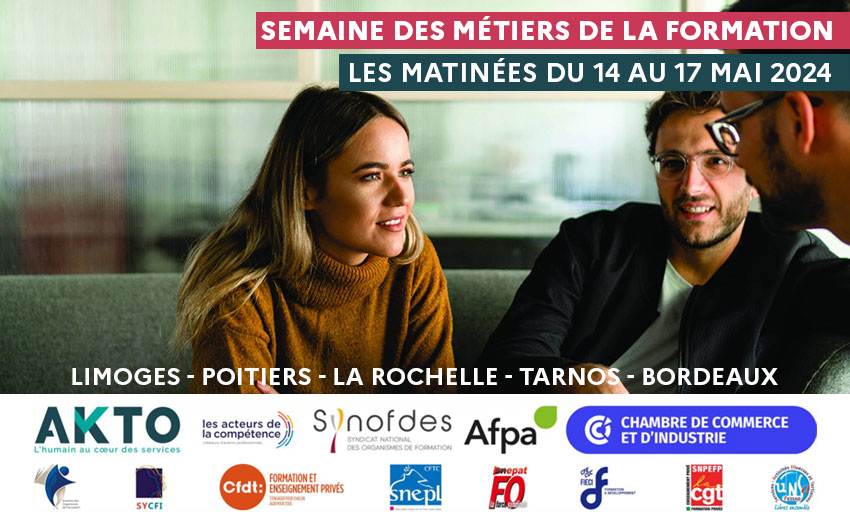 👩‍💻 Semaine des métiers de la #formation 👨‍💻

Du 14 au 17 mai 2024 en #NouvelleAquitaine : découvrez les métiers de la formation d’adultes ! 

➡️ plmpl.fr/c/TjJ7R #Limoges #Poitiers #LaRochelle #Tarnos #Bordeaux