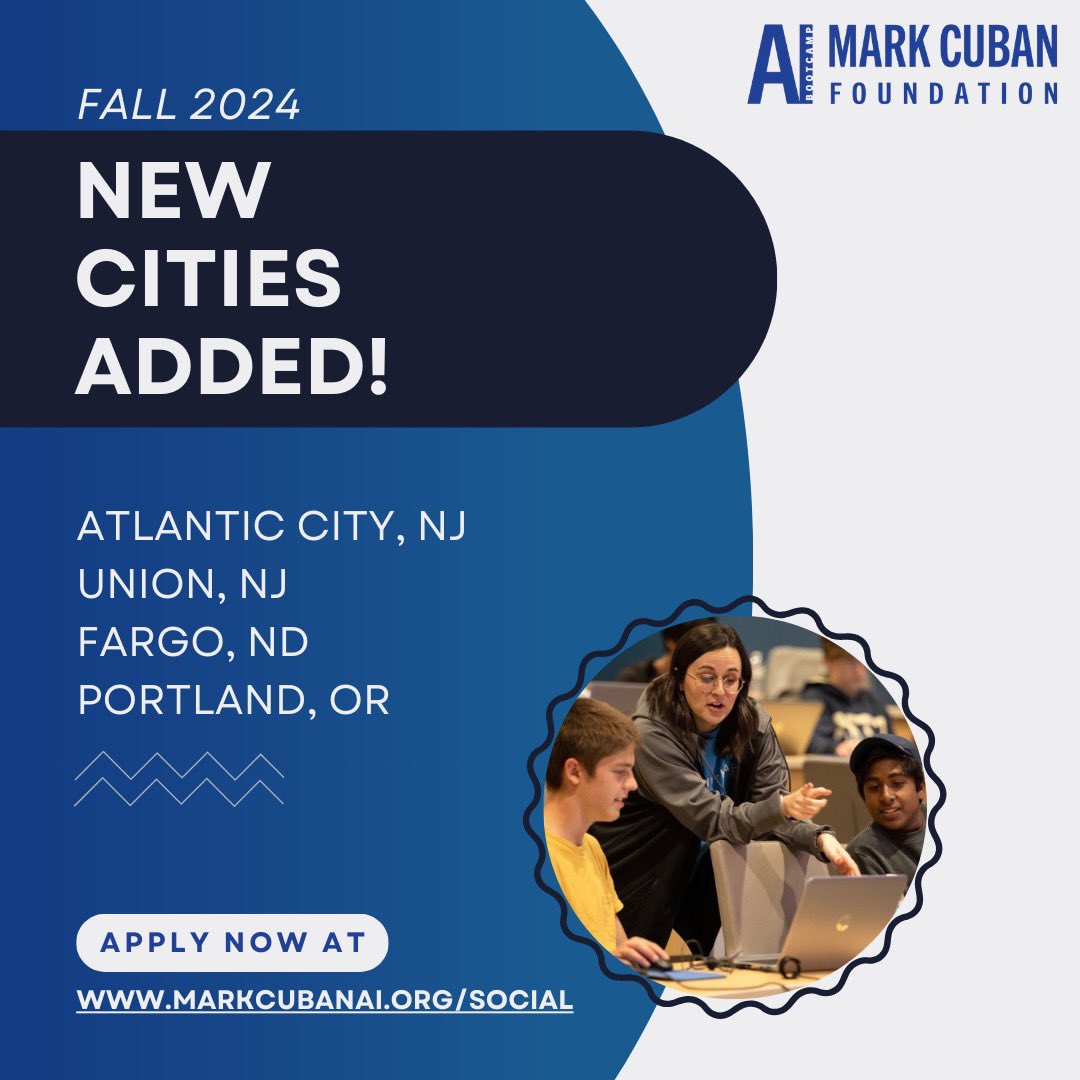 Atlantic City, Union, Fargo, and Portland — we are so excited to see you this fall! Unlock your AI potential and apply now at: markcubanai.org/social 💻
