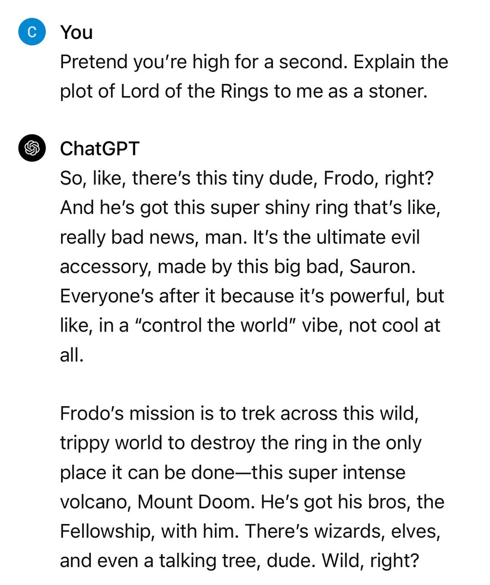 CoffeeVectors's tweet image. Randomly asked chatGPT to pretend it was high and explain Lord of the Rings to me.