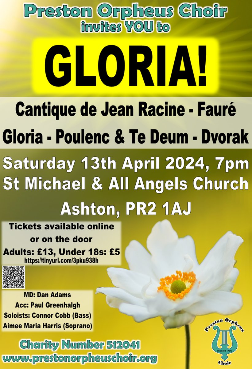 The next event in the Lancashire #CountyofSong 2024 programme is: Gloria! A Spring Concert with Preston Orpheus Choir/ ⏰7pm 🗓️Saturday 13 April 2024. 📍St Michael & All Angels Church, Ashton, PR 1AJ. Entry: Adults £13. Under 18s £5 🎟️tinyurl.com/2s983e67 or pay on the door.