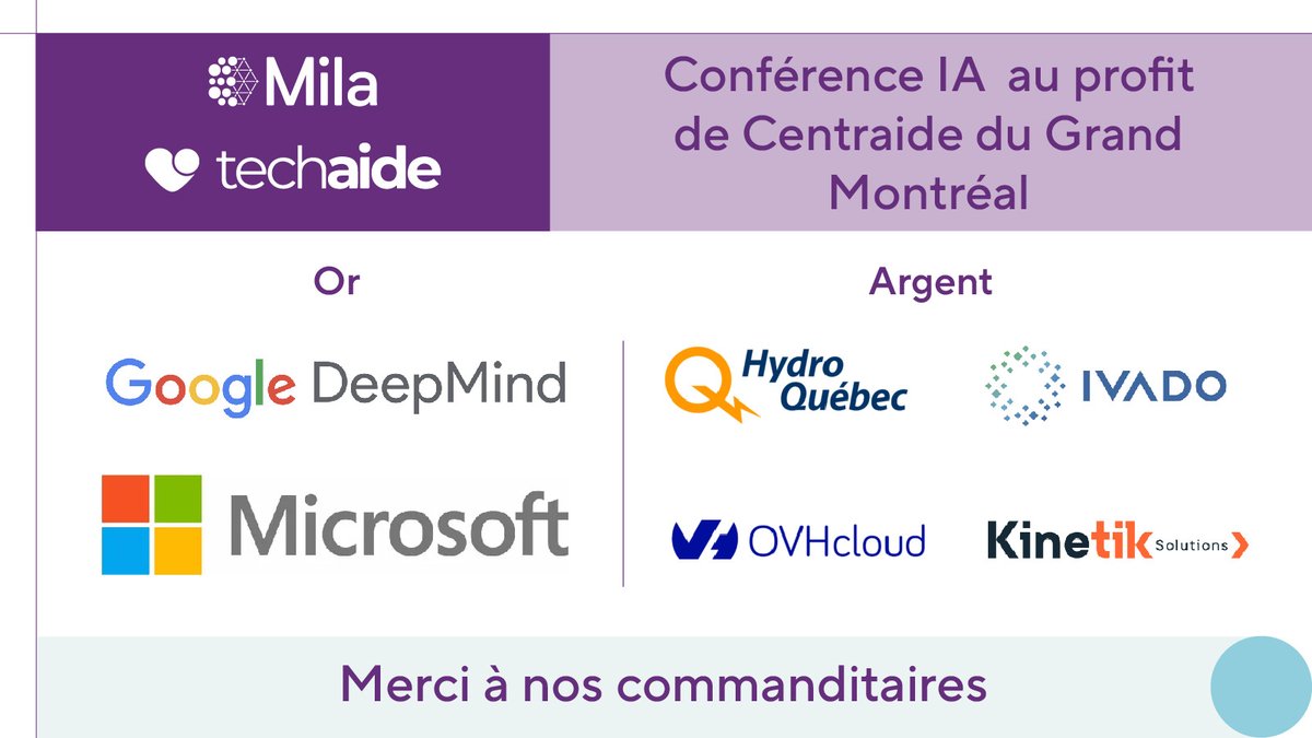 Un grand merci à nos généreux commanditaires dont le soutien rend possible la conférence Mila Techaide cette année: @Microsoft @GoogleDeepMind @hydroquebec @OVHcloud_CA Kinetik Solutions et @IVADO_Qc! L'événement a lieu ce vendredi. Réservez votre place: mila.quebec/mila-techaide-…