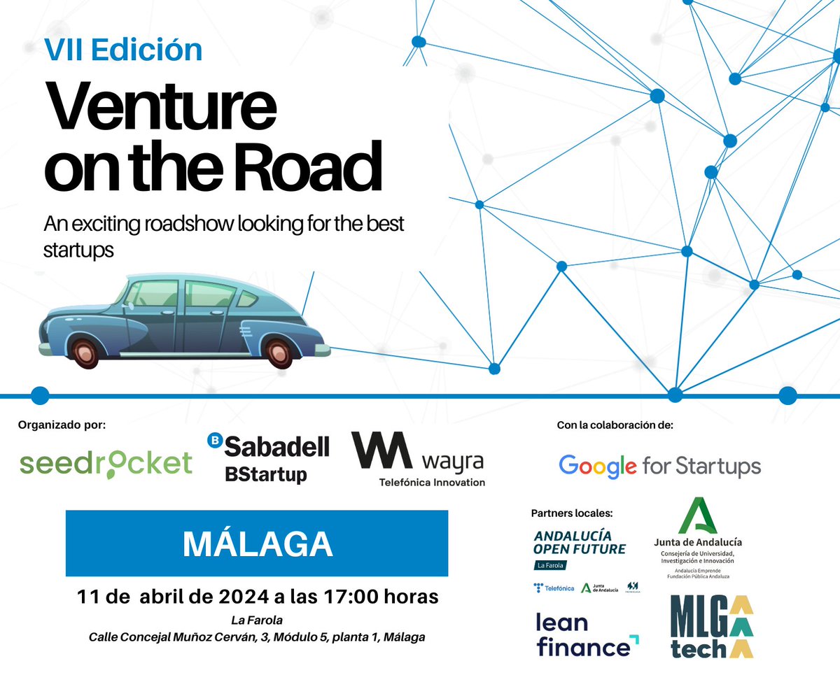Este jueves 11 de abril únete al #VentureOnTheRoad #Málaga y conoce a las finaslitas #Arca, #AMALia de <a href="/malagamycity/">malagamycity</a>, <a href="/prosfy001/">Prosfy</a> y @zonox_es 

Únete al encuentro en: bit.ly/49Utlnq

<a href="/seedrocket/">SeedRocket</a> @WayraES <a href="/GoogleStartupES/">Google for Startups - Spain</a> <a href="/OpenFuture_And/">Andalucía OpenFuture</a> <a href="/HolaLeanFinance/">Lean Finance</a>