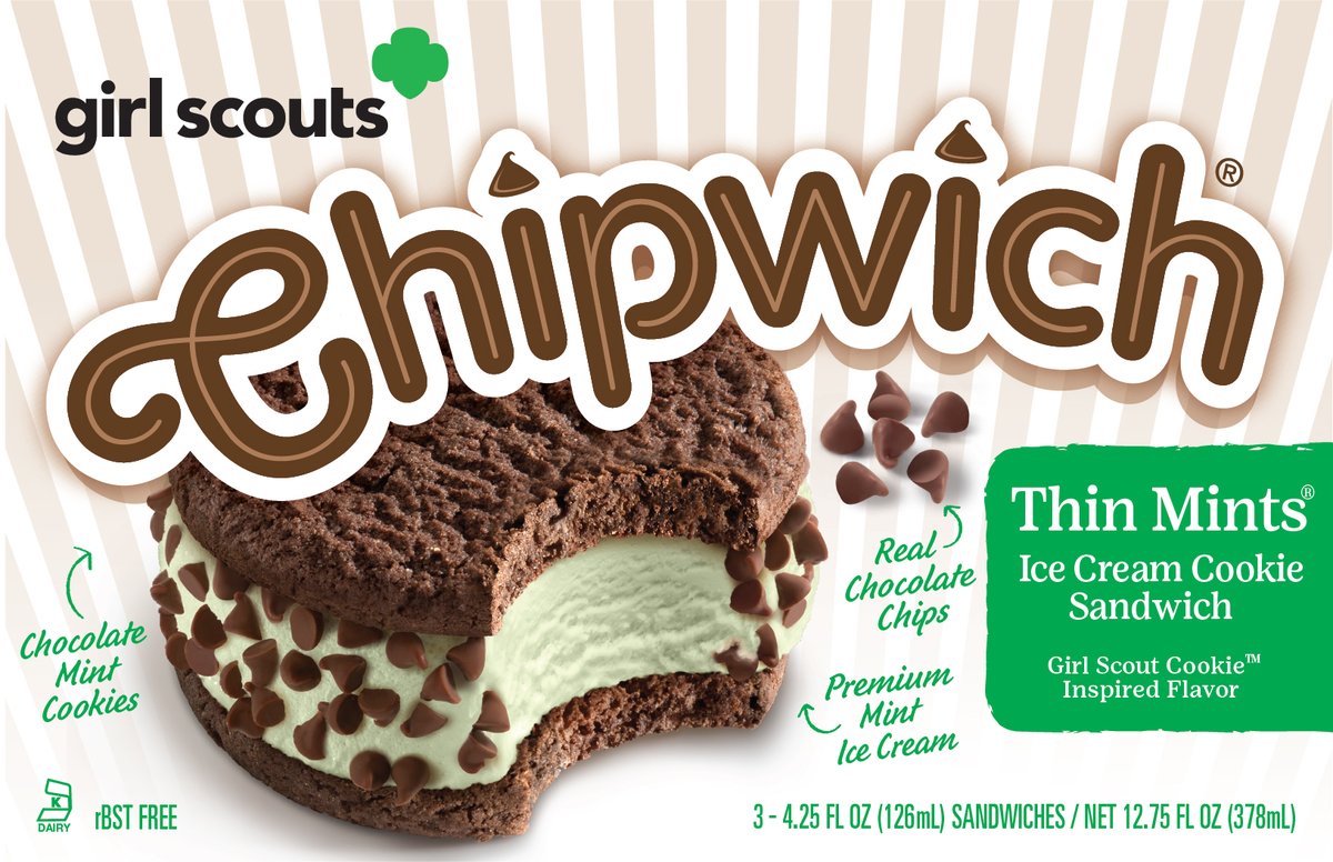 Theorigchipwich's tweet image. Introducing Thin Mints. The coolest collaboration in the ice cream aisle. Chipwich X Girl Scouts.  Premium Mint Ice Cream sandwiched between two Chocolate Mint Cookies, rolled in real Chocolate Chips. 

#Chipwich #Chipwiches #ThinMints #GirlScouts #GirlScoutCookies
