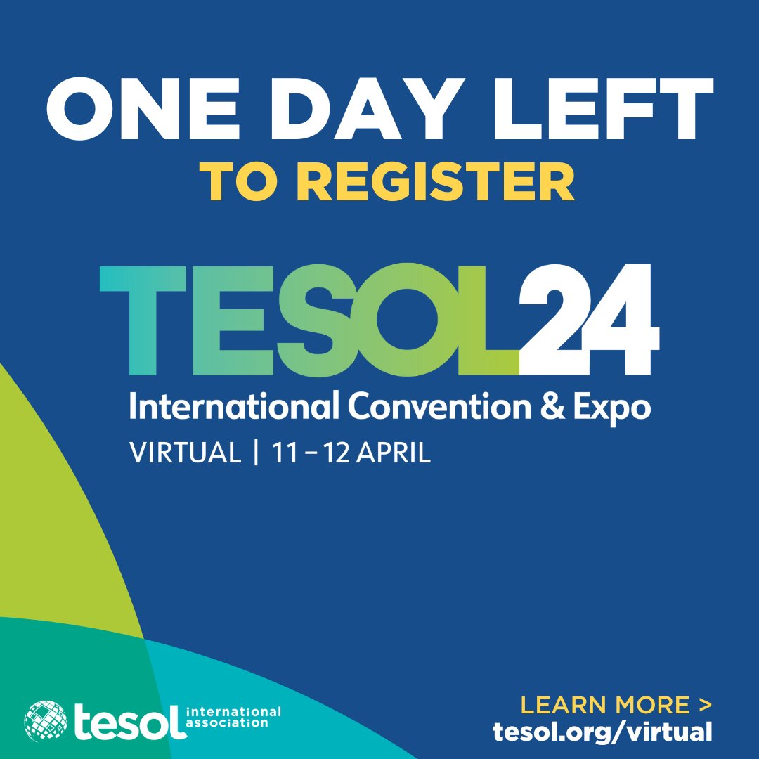 ⏰ Want to join your peers at the #TESOL2024 Virtual Convention this week? Make sure you register by tomorrow, 9 April. We have a full schedule of online networking and learning for you! Register at bit.ly/49nOncY. #TESOL #TEFL #TESL #ELT