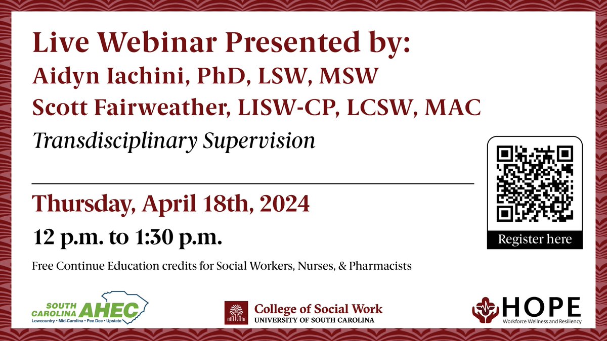 Come join us for the 4th HOPE #CEU with @uofsccosw's @AidynIachini and Scott Fairweather. Enhance your #healthcare workforce knowledge in this free seminar that's open to all! April 18 - please register here: bit.ly/3JdvTBj @SCAHEC #socialworkeducation