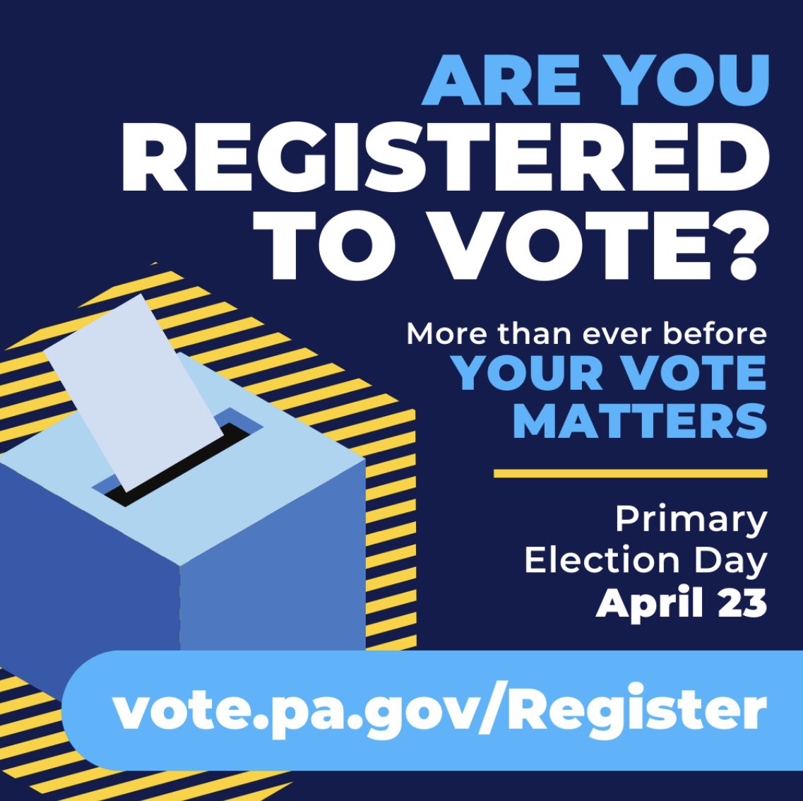 Are you registered to vote? 🗳️ Today is the last day to register if you want to cast a ballot in the April 23 primary election! Visit vote.pa.gov/Register for more details.