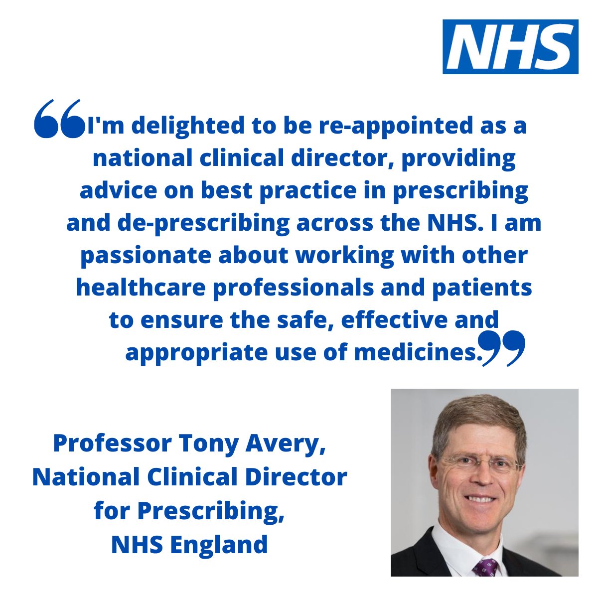 Congratulations to @TonyAvery1 who has been re-appointed @NHSEngland National Clinical Director for Prescribing. Read more about recent National Clinical Director appointments here: england.nhs.uk/2024/04/nhs-an…
