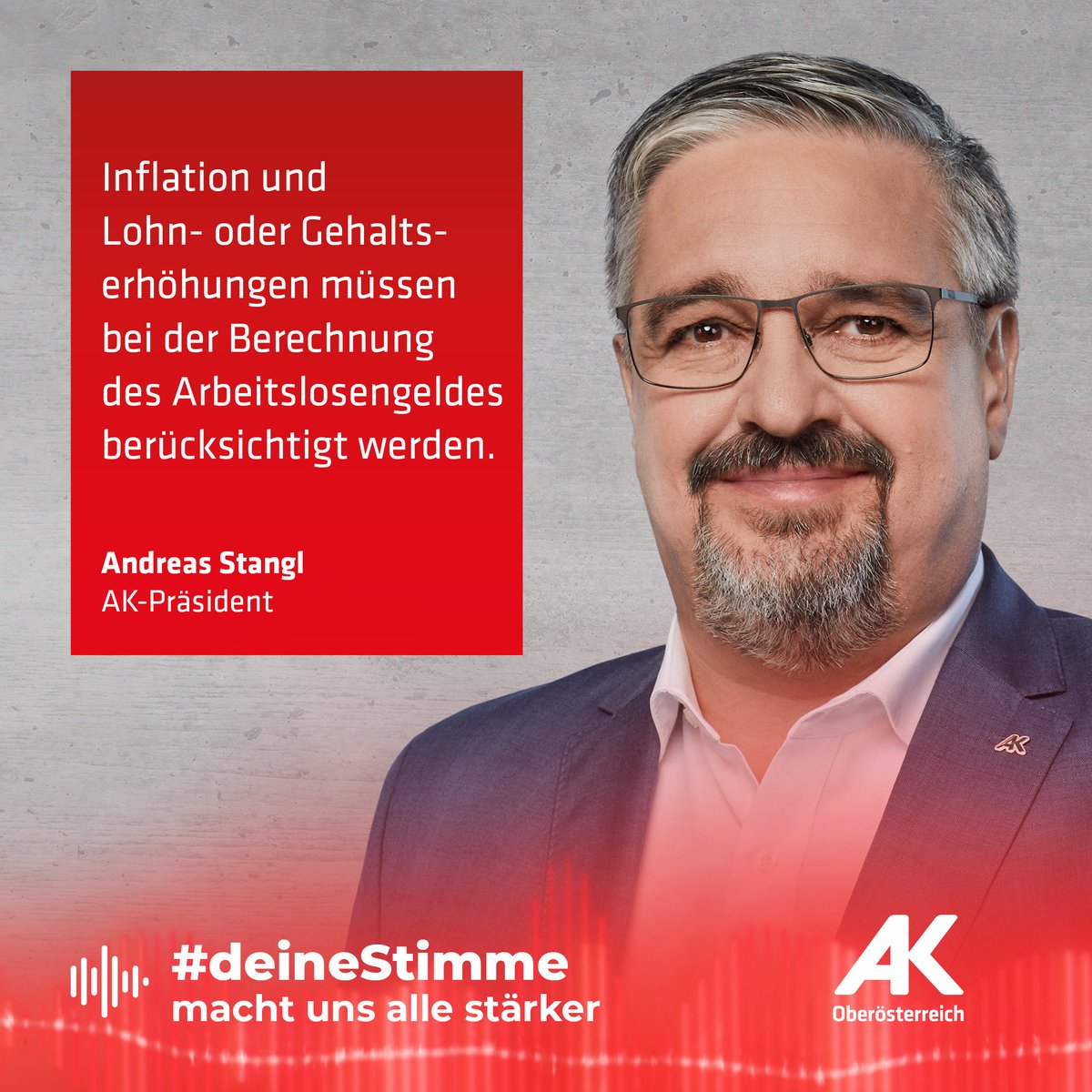 AK-Präsident Andreas Stangl @Stangl2Andreas fordert höheres #Arbeitslosengeld! In OÖ ist die #Arbeitslosigkeit massiv 📈 gestiegen. 😦 Wer seinen Job verliert, ist noch mehr durch die steigenden Preise belastet. Jetzt Arbeitslosengeld anheben: 👇 ooe.arbeiterkammer.at/service/presse…