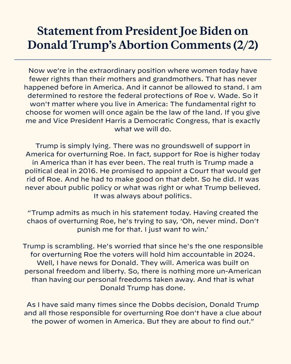 Statement from President Biden on Donald Trump’s abortion comments