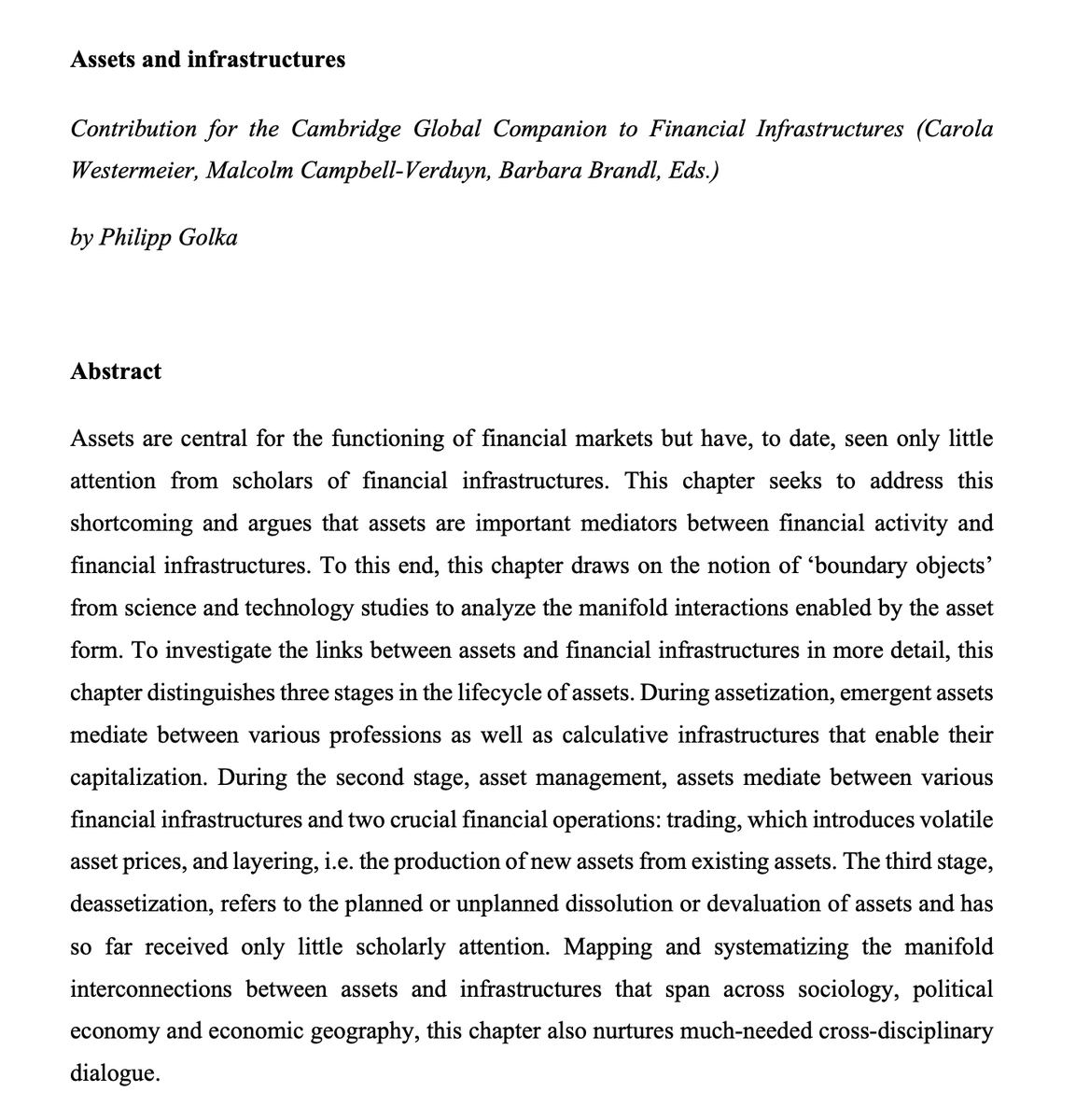 🚨 New Preprint Altert 🚨 What are assets, what role do they play in financial activity, and how do they link to financial infrastructures? Preprint of my chapter in @C__West, @MalcolmCV & @Brandl_Barbara forthcoming handbook. osf.io/preprints/soca… 1/5